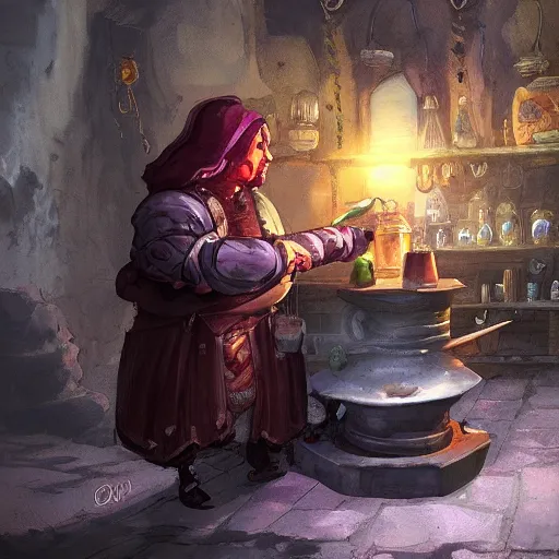 Image similar to Potion seller with strong potions, warning a customer. Fantasy concept art. Best of ArtStation