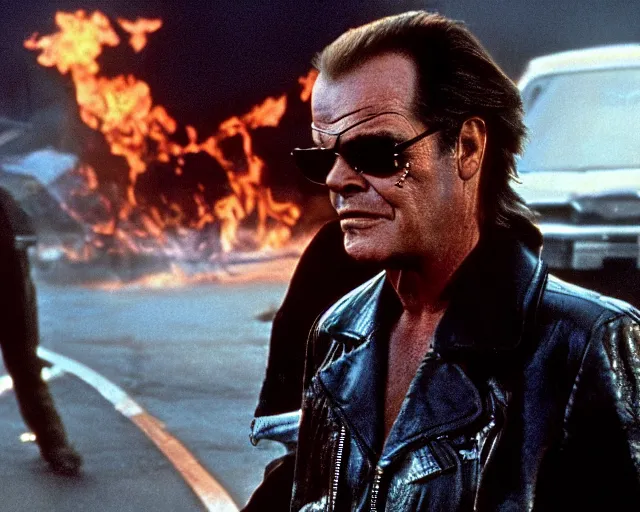 Image similar to Jack Nicholson plays Terminator wearing leather jacket and his endoskeleton is visible his eye glows red, walking out of flames