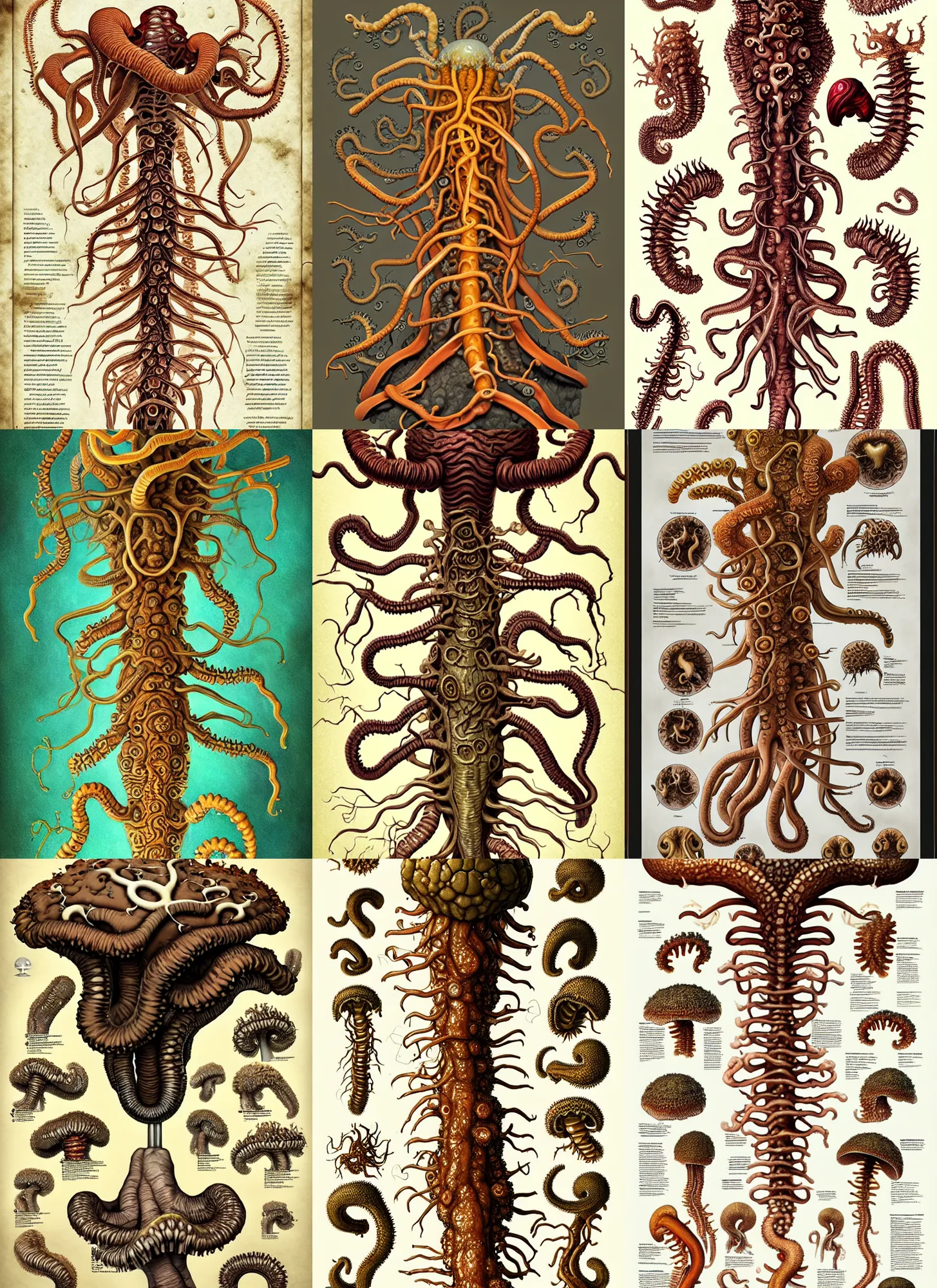 Prompt: lovecraftian fungus anatomy sheet on white background, action pose, intricate, highly detailed, digital painting, artstation, concept art, smooth, sharp focus, illustration, art by norman rockwell emiliano ponzi andrey remnev yoann lossel aaron jasinski, 8 k