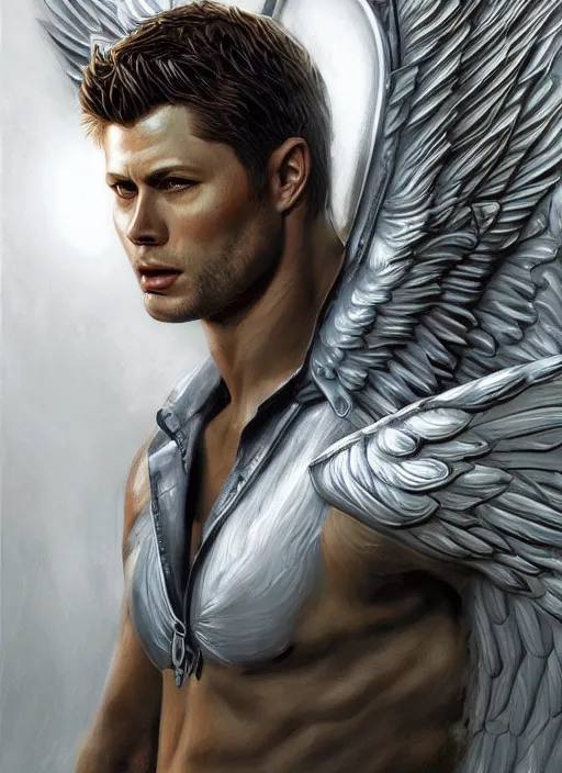 Prompt: Portrait of Dean Winchester as an angel warrior , intricate body, whole body, highly detailed, digital painting, artstation, concept art, smooth, sharp focus, illustration, art by Hajime Sorayama