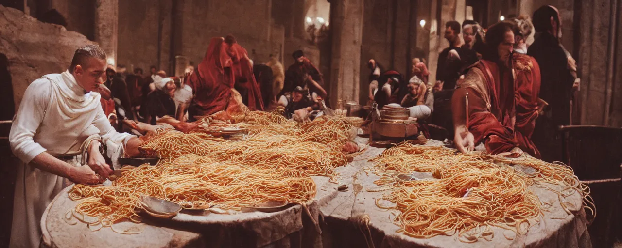 Image similar to the fall of the roman empire, spaghetti everywhere, high detail, canon 5 0 mm, cinematic lighting, photography, film, kodachrome