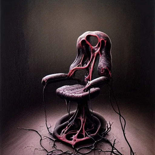 Prompt: horrifying eldritch gaming chair, painting by zdzisław beksinski, product photograph, 4 k, dark atmosphere, horror, veins, oozing