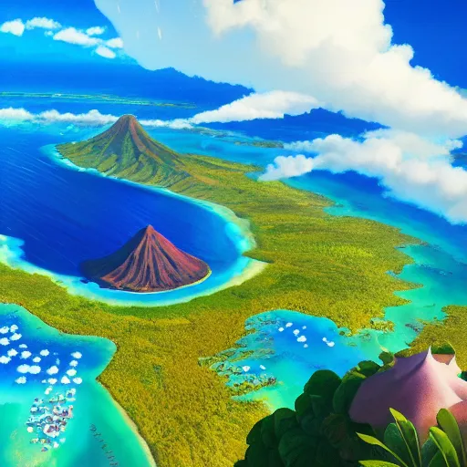 Prompt: a detailed matte painting breathtaking aerial view of Hawaiian islands, surrounded by palm trees, clouds, flowers, volcano, azure ocean, sunlight glistening, glow, by RHADS makoto shinkai and studio ghibli, vivid colours, hd wallpaper, 8k, trending on artstation, behance contest winner