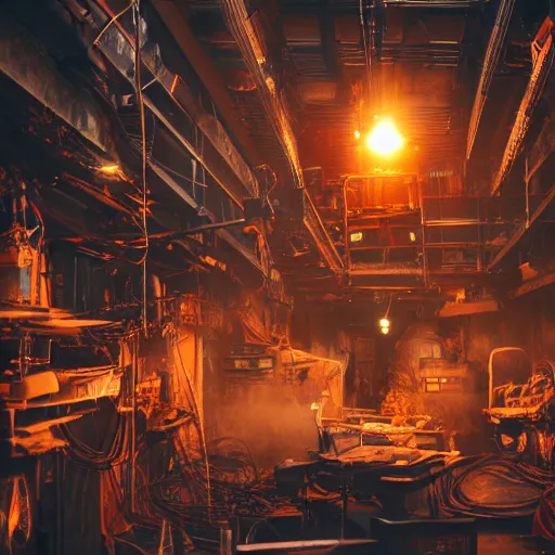 Image similar to overcharging blender, tangles of metallic cables, dark messy smoke - filled cluttered workshop, dark, dramatic lighting, orange tint, sparks, plasma charges, cinematic, highly detailed, sci - fi, futuristic, movie still