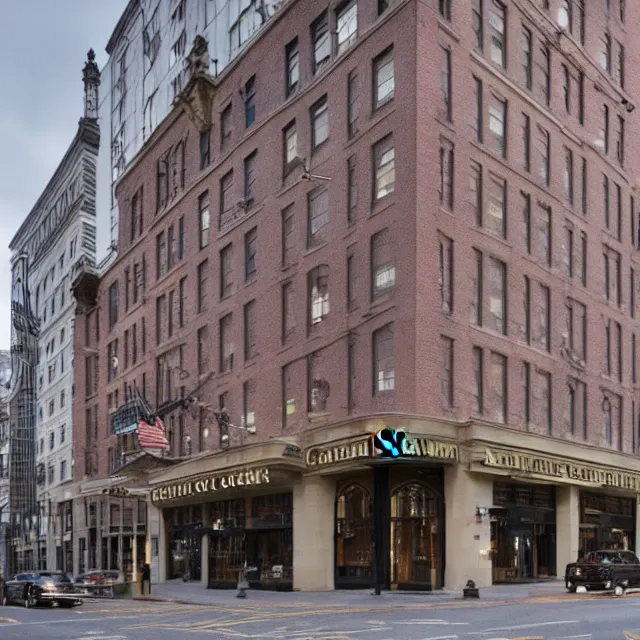 Prompt: a gothic 1 9 2 0 s 1 0 - storey hotel in downtown boston overlooking a dark street