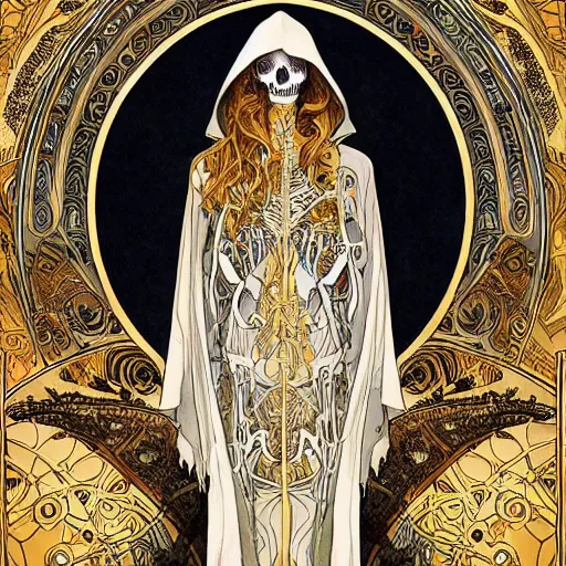 Image similar to a skeleton in a cloak, highly detailed, very intricate, art nouveau, gold filigree, tarot concept art watercolor illustration by mandy jurgens and alphonse mucha and alena aenami, featured on artstation