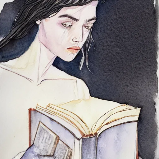 Image similar to full body detailed watercolor illustration of alien jennifer connelly mixed with anya taylor - joy, reading a book, unsettling, hooded long black feathered cloak, uncanny valley, with black feathers instead of hair, gothic, guillermo del toro, gray mottled skin, pale and sickly, profile view, - - ar 9 : 1 6