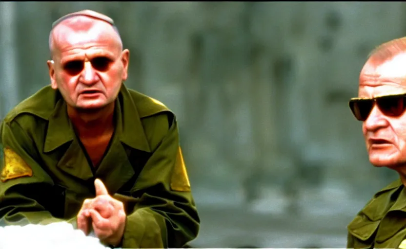 Prompt: Old Karol Wojtyła in a still from the movie Full Metal Jacket (1987), 4k, high quality