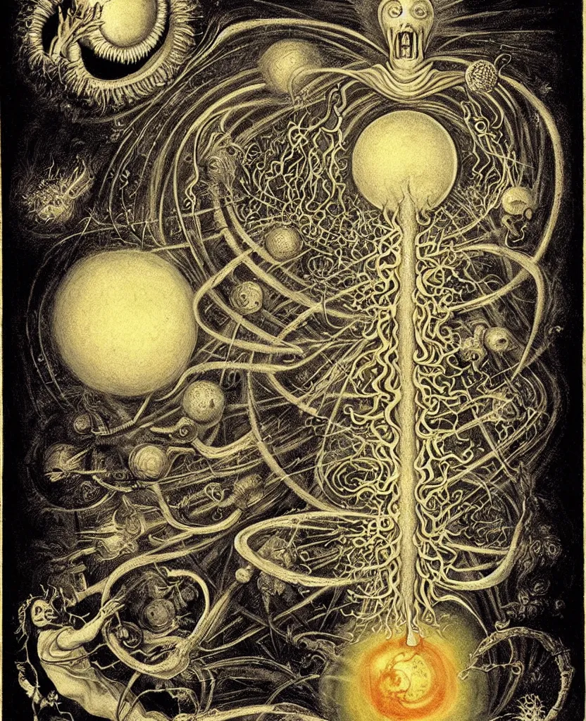 Prompt: whimsical freaky creature sings a unique canto about'as above so below'being ignited by the spirit of haeckel and robert fludd, breakthrough is iminent, glory be to the magic within, in honor of jupiter, painted by ronny khalil
