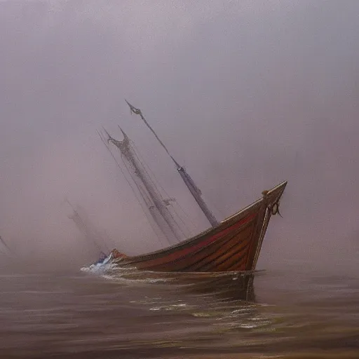 Prompt: painting of viking longboat on a misty river raid