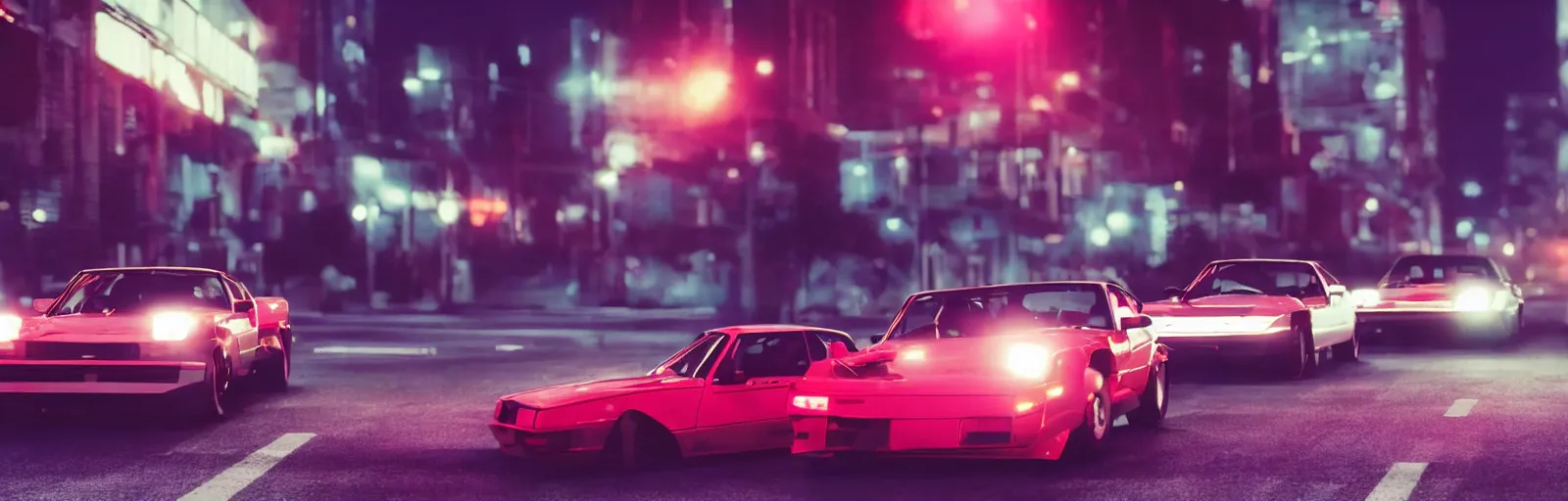 Prompt: two 80s sports cars one red and one white, racing on a deserted city street at night time, purple lighted street, wide angle, cinematic, retrowave vibes, grainy, soft motion blur, VHS Screencap