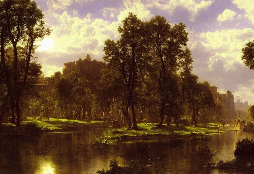 Prompt: a riverside medieval town, massive river, beautiful, cinematic lighting, morning, albert bierstadt