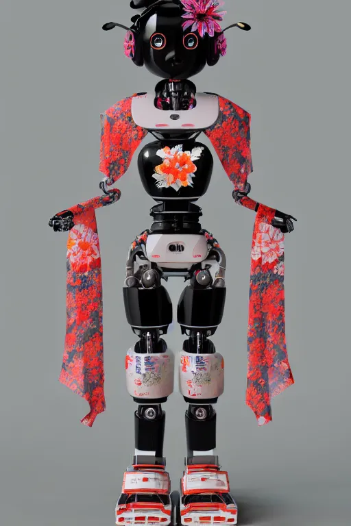 Image similar to full body portrait of a Japanese robot geisha with kanji tattoos and decals wearing a digital pixelated kimono, intricate design, photorealistic, octane render, raytraced, ultra fine detailed, character design, trending on artstation