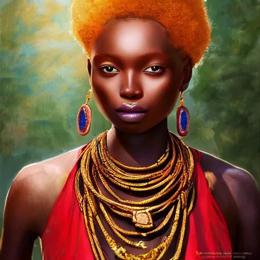 Image similar to A masterpiece portrait of a Incredibly beautiful African girl albino model. With big bright African jewelry. In African clothes. Vogue. trending on artstation, digital art, by Stanley Artgerm Lau, WLOP, Rossdraws, James Jean, Andrei Riabovitchev, Marc Simonetti, Yoshitaka Amano