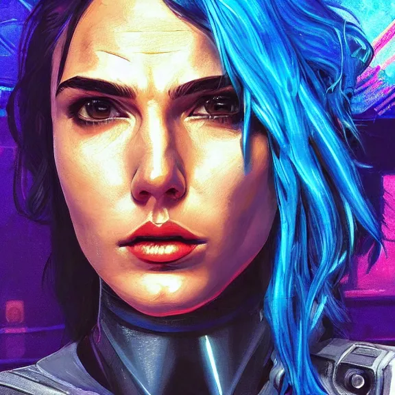 Prompt: “hiperrealist close up portrait of cyberpunk Gal Gadot with blue hair, digital art, concept art, neon colors, studio lightning, high contrast, sharp focus, high detail, photorealist, Artstation HQ, DeviantArt, cybernetics, techwear, urban samurai, netrunner, Shadowrun, Cyberpunk 2077, Deus Ex, 4k UHD, Unreal Engine 5”