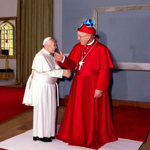 Prompt: pope john paul the second shaking hands with elmo from the sesame street