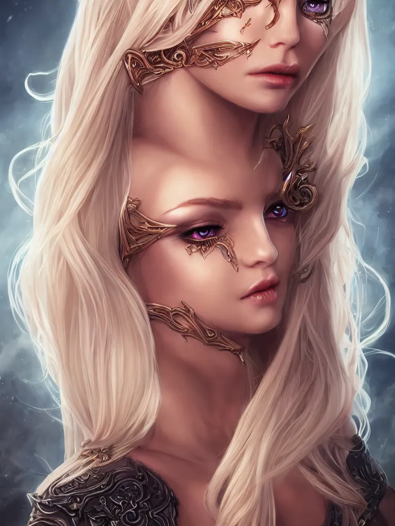 Prompt: beautiful elven necromancer, blonde hair, balayage, dark fantasy, symmetrical face two identical symmetrical eyes, feminine figure, smooth skin, gorgeous, pretty face, beautiful body, revealing outfit, high detail, realistic, cgsociety, artgerm, trending on artstation