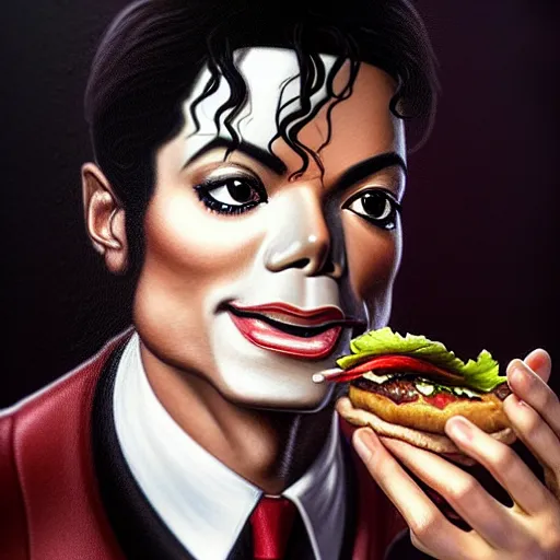 Image similar to portrait of a Michael Jackson eating a hamburger, extra onions and ketchup, luscious patty with sesame seeds, masculine, handsome, D&D, fantasy, intricate, elegant, highly detailed, digital painting, artstation, concept art, matte, sharp focus, illustration, art by Artgerm and Greg Rutkowski and Alphonse Mucha