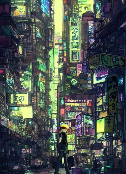 Prompt: manga cover, mike wazowski from monsters inc, intricate cyberpunk city, emotional lighting, character illustration by tatsuki fujimoto