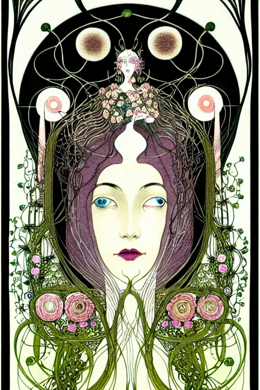 Prompt: centered detailed front view portrait of a beautiful female android with ornate flowers growing around, inside a vine frame ornamentation, flowers, elegant, dark and gothic, full frame, art by kay nielsen and walter crane, illustration style, watercolor