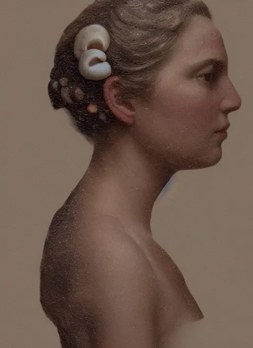 Image similar to a woman's face in profile, made of seashells, in the style of the Dutch masters and Gregory Crewdson, dark and moody