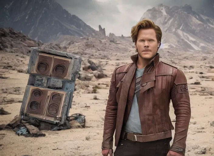 Image similar to a very high resolution image from a new movie, starlord. in a room full of 9 0's, mountains, directed by wes anderson