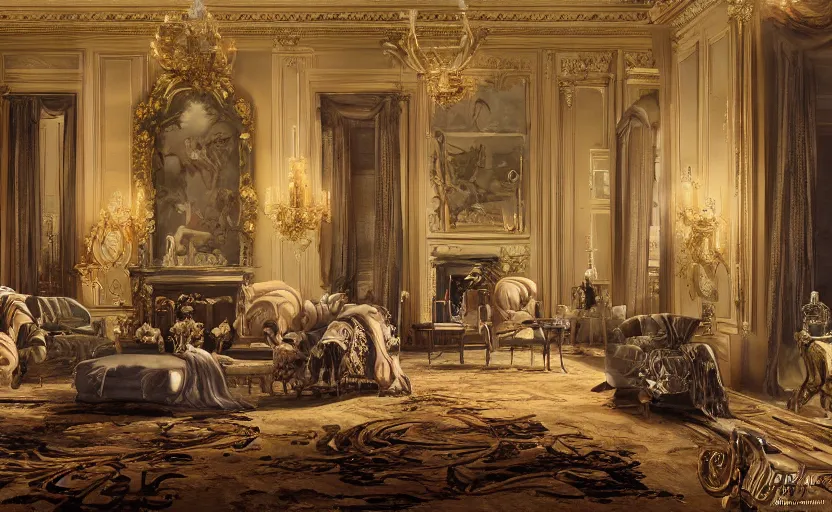 Prompt: realist rococo painting of a 1 9 2 0 s grand party in a beautiful mansion, many partygoers, strong contrast, unreal engine, hyper realism, realistic shading, cinematic composition, realistic render, octane render, detailed textures, photorealistic, ultrawide shot, 3 5 mm film