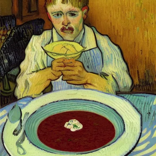 Prompt: a person eating borscht soup with sour cream, painted by van gogh