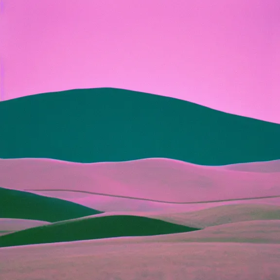 Prompt: rolling hills landscape, teal gradient, film photography 70's, album art