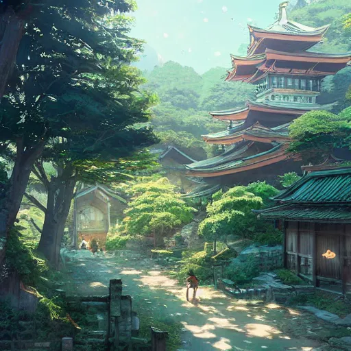 Prompt: concept art painting of a cozy village in a mountainous forested valley, historic english and japanese architecture, realistic, detailed, cel shaded, in the style of makoto shinkai and greg rutkowski and james gurney