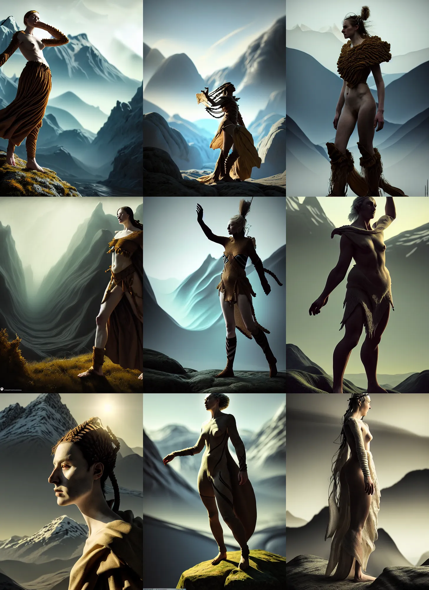Prompt: natural light, dissolution filter ,turbulence filter, costume design made by nordic tribes, sophisticated composition, old masters light composition, artist reference images pose, procedurally generated, epic human character posing for concept art, beautiful mountains behind, substance designer, PBR, HD, Ultra detailed, hyperrealistic, megascans, volumetric light, concept by master artist, made in paint tool SAI2, trending pixiv face
