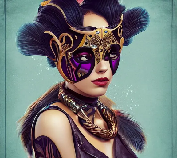 Image similar to beautiful female character inspired by venice carnival and pop art bounty hunter | | digital artwork made by greg rutswork, anna dittmann and lois van barlee, symmetrical rim light, anatomically correct