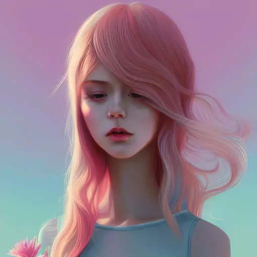 Prompt: adult female in summer dress art, pastel light pink very long hair, muted colors, matte print, pastel colors, ornate, digital art, digital painting, fan art, elegant, artstation, head is centered, by Ilya Kuvshinov