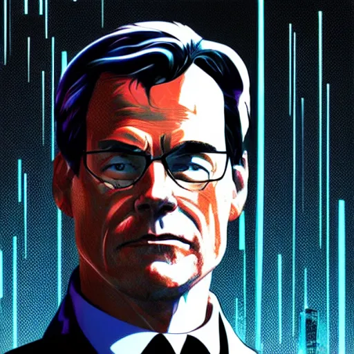 Image similar to cyberpunk mark rutte as the leader of a futuristic communist society, cybernetics, sharp lines, digital, artstation, colored in
