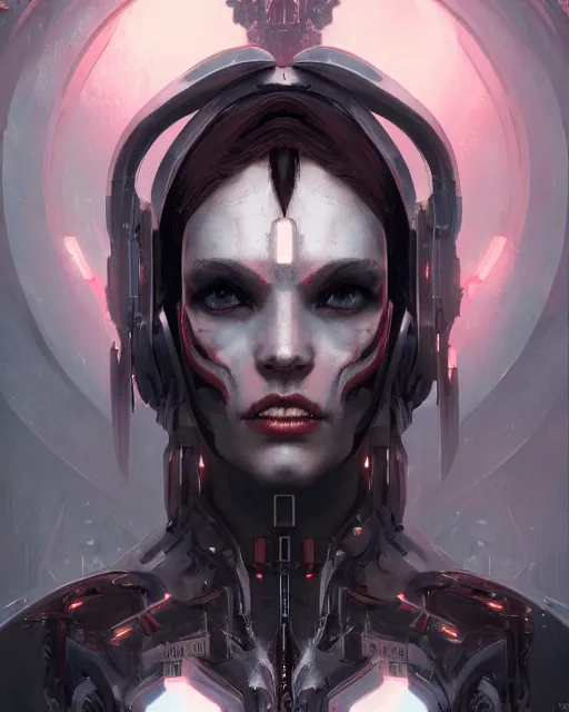 Prompt: a cyborg demon girl, flawless symmetrical pretty face, greg rutkowski, 8 k, shallow depth of field, intricate detail, concept art,