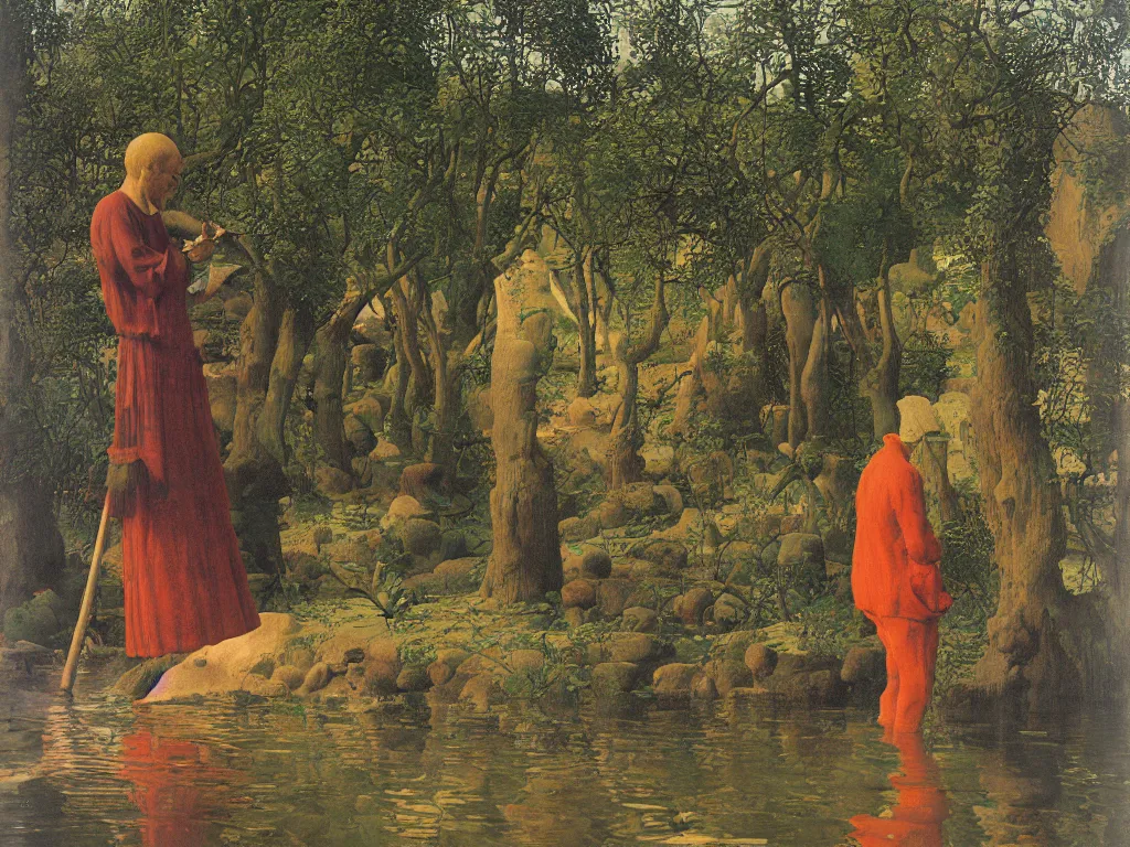 Image similar to Portrait of an artist painting at his easel knee deep in a river. Humanoid rocks, coral-like pebbles, spring orchard in bloom. Painting by Jan van Eyck, Georges de la Tour, Rene Magritte, Jean Delville, Max Ernst, Beksinski