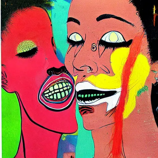 Image similar to beautiful painting of two bizarre psychedelic women kissing each other closeup in japan, speculative evolution, mixed media collage by basquiat and junji ito, magazine collage art, paper collage art, sapphic art, lesbian art