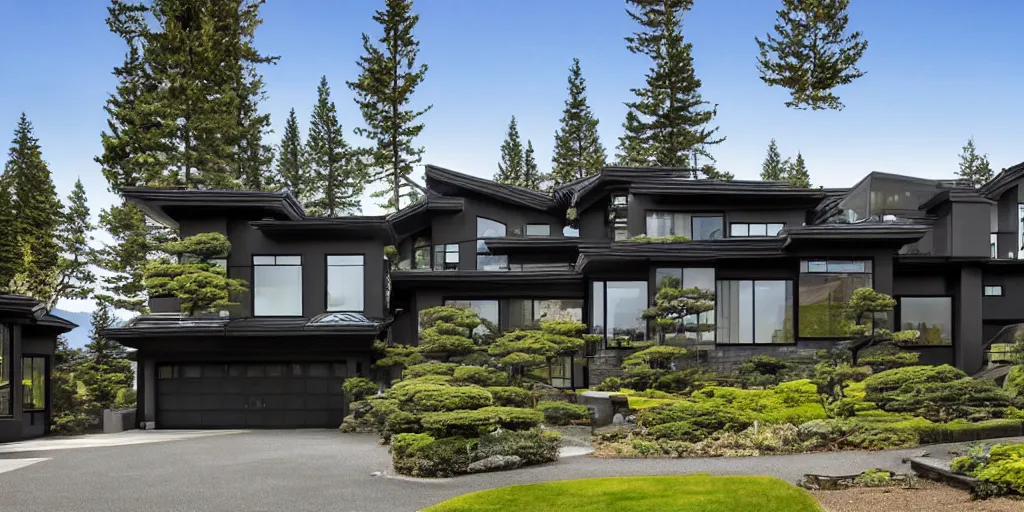 Image similar to large modern residence, washington state japanese style, flared japanese black tile roof, many large windows with light, elegant