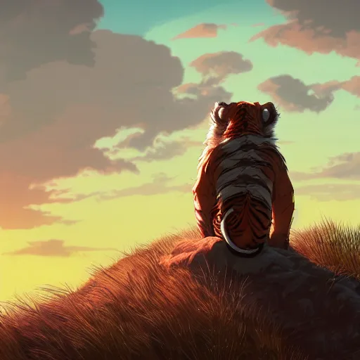 Image similar to anthropomorphic tiger bandit in swamplands gazing at the sunset, cinematic, studio ghibli, wide shot, dramatic lighting, dynamic, ultra realistic, ultra detailed, 8 k, thin line work, trending on artstation