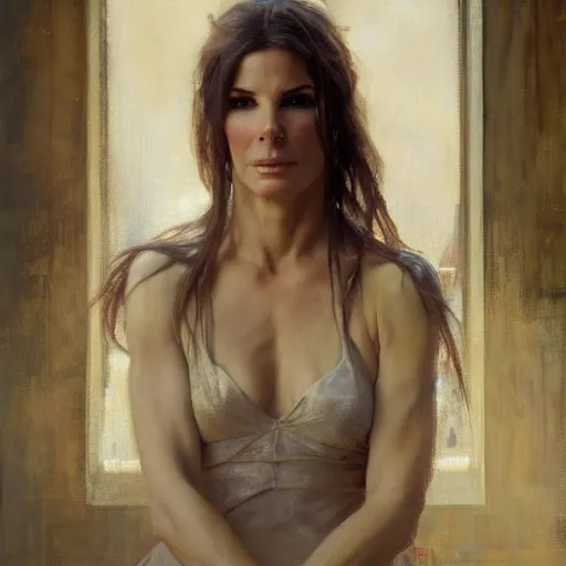 Image similar to hyperrealist portrait of sandra bullock as lady godiva. by jeremy mann and alphonse mucha, fantasy art, photo realistic, dynamic lighting, artstation, poster, volumetric lighting, very detailed faces, 4 k, award winning