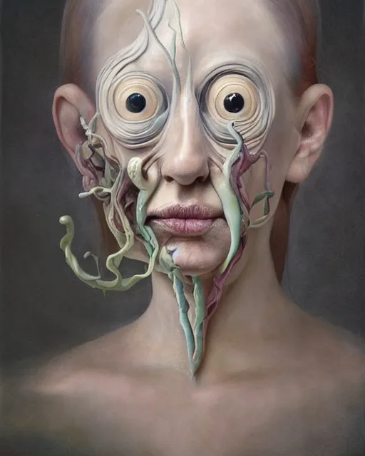Image similar to strange, looming head, biomorphic painting of a woman with large eyes, pastel colours by, rachel ruysch, charlie immer and jenny saville, fluid acrylic, airbrush art, timeless disturbing masterpiece