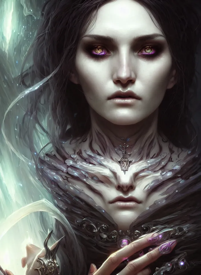 Image similar to Necromancer Sorceress face close-up macro in center, fantasy magic, undercut hairstyle, dark light night, intricate, elegant, sharp focus, illustration, highly detailed, digital painting, concept art, matte, art by WLOP and Artgerm and Greg Rutkowski and Alphonse Mucha, masterpiece