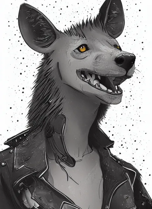 Image similar to beautiful hyena fursona portrait commission of a female anthropomorphic hyena fursona wearing 1 9 8 0 s stylish clothes. city at night in the rain. neon light. atmospheric. character design by charlie bowater, detailed, inked, western comic book art