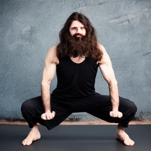 Prompt: longhaired bearded man practicing vrksasana, professional studio photograph, high quality