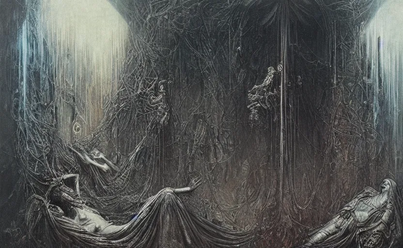 Image similar to cyberpunk dreaming by gustave dore and gustave moreau and beksinski and giger