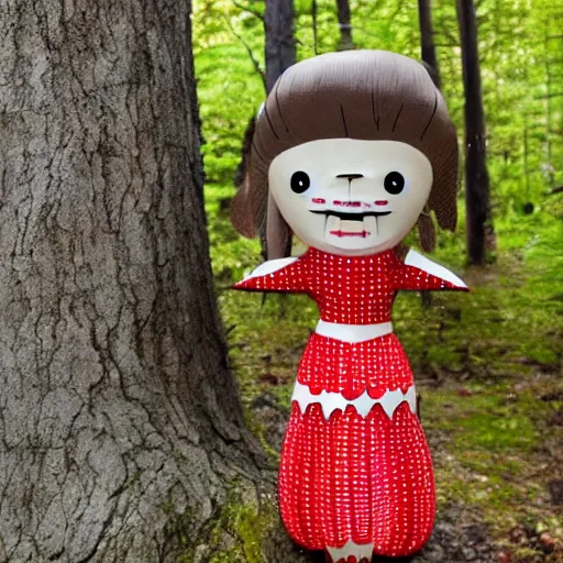 Prompt: a large grandmother doll with nutcracker mouth in a dark forest, red laser eyes cut down trees, horror