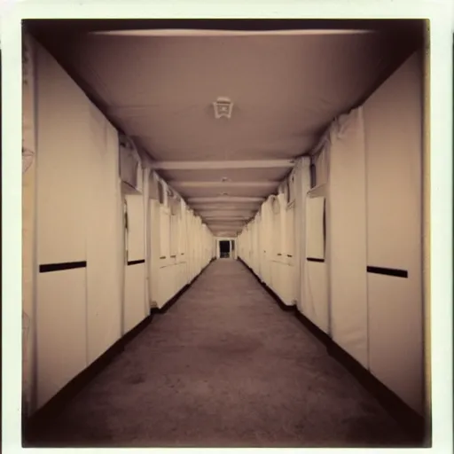 Image similar to inside a hallway made of empty medical tents, eerie, surreal, creepy, old polaroid, expired film,