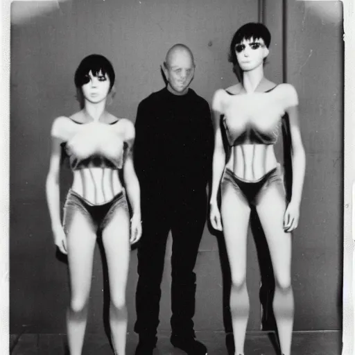 Image similar to two humanoid replicants stand too close to the camera, polaroid, flash photography, photo taken in a completely dark storage room where you can see some clutter in the background