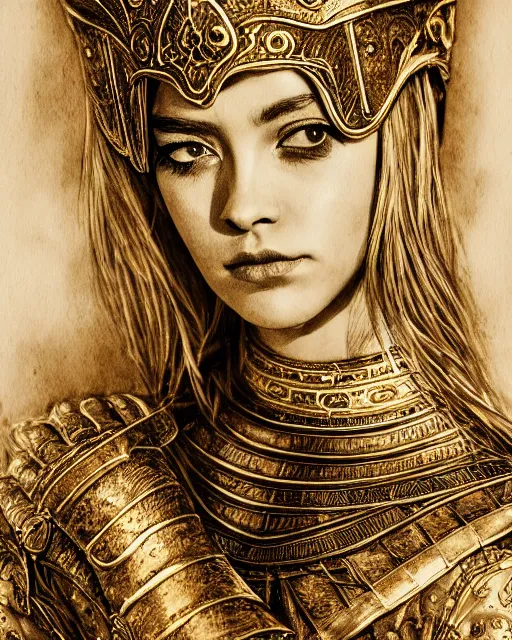 Image similar to ink wash painting portrait of woman in shining golden armor, high production value, intricate details, high resolution, hdr, high definition, masterpiece, realistic, ultrarealistic, highly detailed, hd, sharp focus, non blurry, sharp, smooth