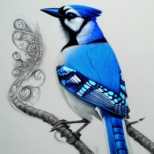 Prompt: Ethereal Blue Jay bird, intricate detail, ornate, conceptual art, color pencil sketch, dynamic, art by artgerm